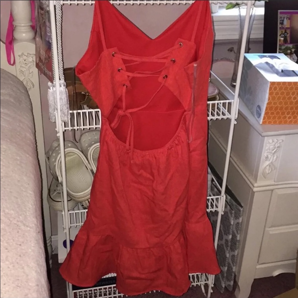 Women's Red Ruffle-Hem Mini Dress - Picture 3 of 4